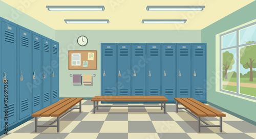 Empty, clean, blue locker room with rows of metal lockers, wooden benches, a checkered floor, and a window looking out onto a park