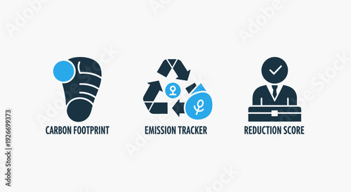 Environmental Sustainability Icons: Carbon Footprint, Emission Tracker, and Reduction Score Vector Illustrations