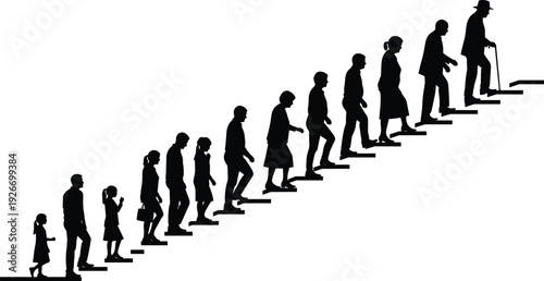 Large black silhouette collection showing the human aging process from childhood and family life to senior years climbing steps upward