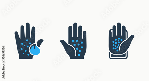 Medical and Skin Health Condition Icons: Hand with Rash, Allergy Symptoms, and Mobile Health Application Interface - Vector Set