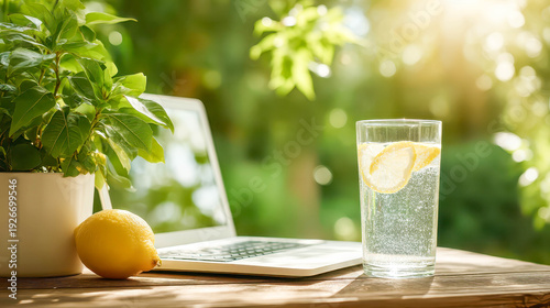 A laptop and a glass of water with a lemon slice in it. The laptop is open and the glass is on a table. Concept of relaxation and leisure
