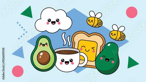 Cartoon breakfast food and drinks with smiling faces on blue background