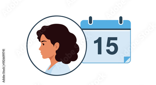 Illustration of a woman's profile in a circle next to a calendar on a white background with blue accents.