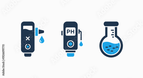 Chemistry Lab and Water Testing Icons: Dropper, pH Meter, and Beaker for Scientific Research and Environmental Analysis