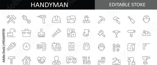 Professional Handyman and Home Repair Line Icon Set: Construction Tools, Maintenance Services, Renovation, Carpentry, and Plumbing Vector Elements for Contractors and Home Service Apps