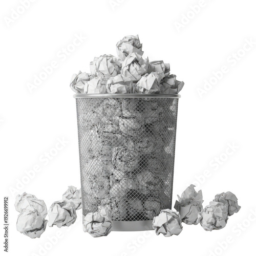 A full trash can overflowing with crumpled paper isolated on transparent background