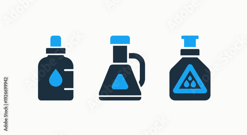 Set of Bottle Icons with Liquid Drops and Chemical Hazard Warning Signs, Representing Industrial Fluids and Safety