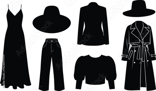 Collection of eight modern office and stationery icons, black vector symbols of desk lamp, stapler, fountain pen, and briefcase isolated on white.