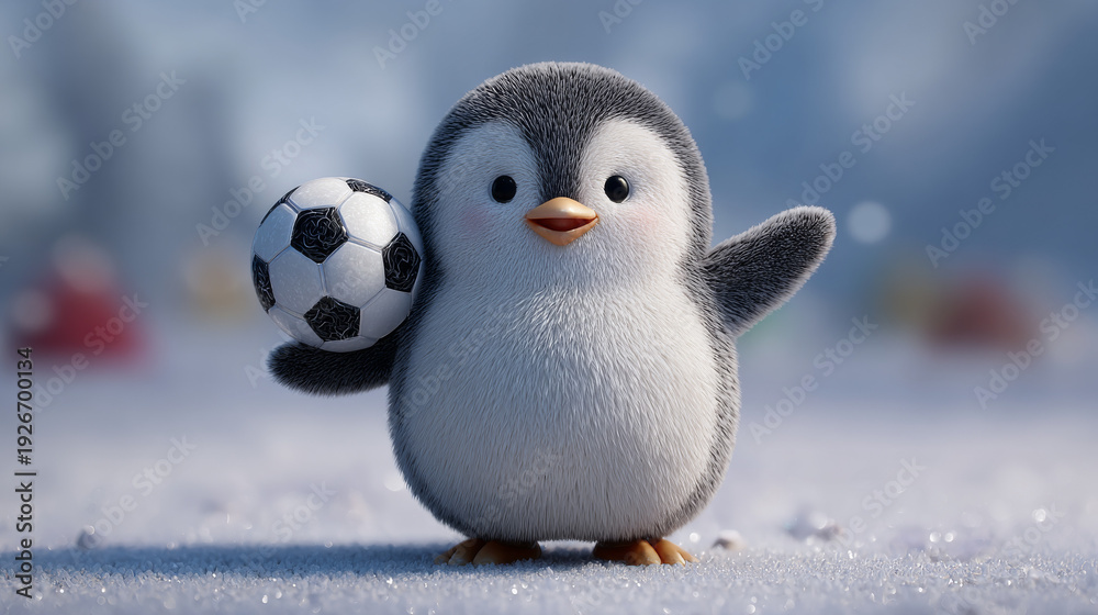 Obraz premium 3d penguin character holding a soccer ball in a playful pose