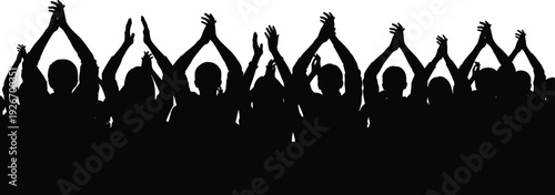 Crowd cheering silhouettes with raised hands isolated on white background, audience applause concept, concert fans celebration, festival party people illustration for entertainment events design