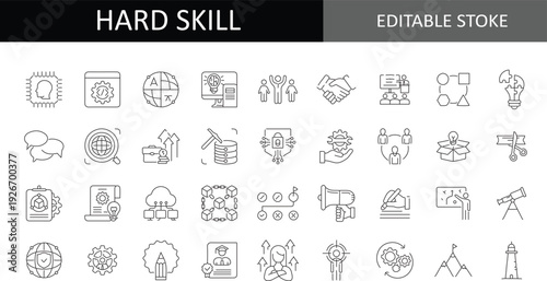 Hard Skills and Professional Competency Icon Set: Technical Expertise, Business Management, Data Analysis, Software Development, and Career Growth Vector Elements for UI/UX Design