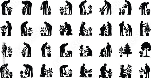 Large collection of gardener silhouettes planting watering and caring for potted plants and trees isolated on a white background for design