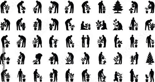 Large collection of gardener silhouettes planting watering and caring for potted plants and trees isolated on a white background for design