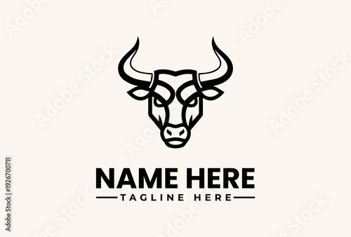 A stylized black bull logo illustration with a bold design on a beige background, featuring placeholder text for a name and tagline.