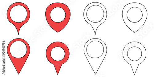 Hand-drawn cartoon and doodle set of map pin icons on a white background.