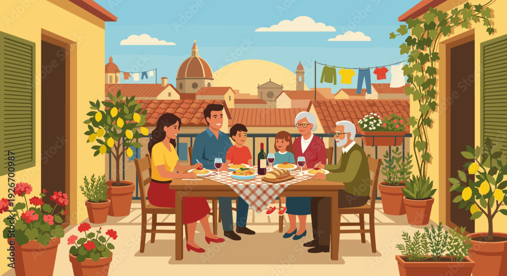 Obraz premium Happy multi-generational family eating pasta dinner together on a sunny European terrace with a beautiful cityscape view in a flat vector illustration style