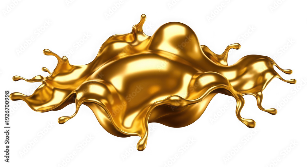 Fototapeta premium Golden liquid splashing on white background with shiny metallic effect transparent background