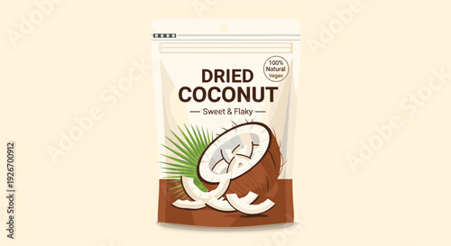 Standing pouch bag of DRIED COCONUT with sweet and flaky label and coconut pieces on a light background.