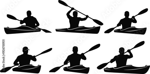 Collection of black kayaker silhouettes featuring people paddling in kayaks isolated on white background for outdoor water sports adventure design