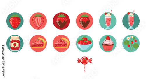 Collection of round icons featuring various strawberry items like whole fruit, jam, pies, milkshakes, and candy.