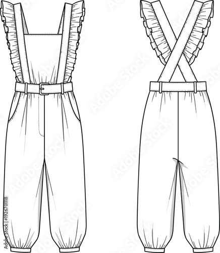 Women’s ruffled strap overalls illustration, square bib front, crisscross back straps, gathered ankle cuffs, side pockets, technical garment sketch, apparel drawing