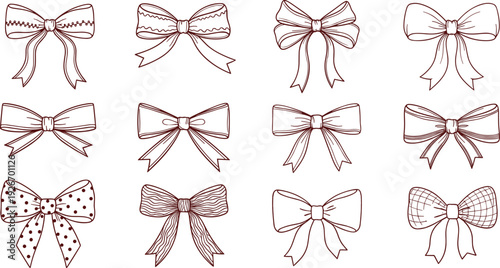 Collection of hand drawn decorative bow sketches featuring various ribbon styles patterns and ties isolated on white background for design