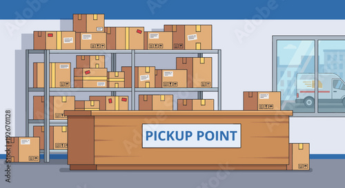 Pickup point interior with a wooden counter, shelves full of cardboard boxes, and a delivery van visible through the window in a flat vector illustration style