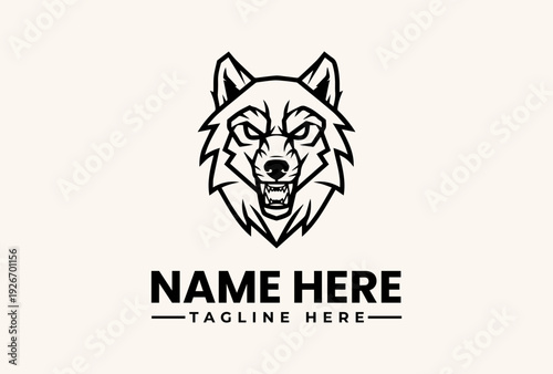 A stylized illustration of a wolf's head with a fierce expression, accompanied by placeholder text for a logo or brand name on a clean white background.