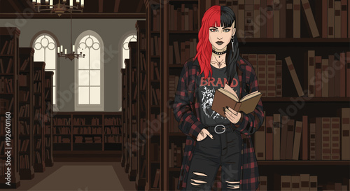 A young woman with split-dyed hair and a plaid shirt stands holding an open book within a dimly lit library.