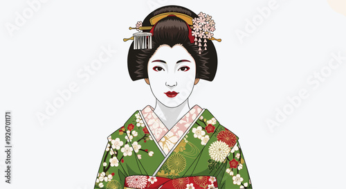 A traditional Japanese geisha with white makeup, an elaborate hairstyle, and a green floral kimono poses frontally.