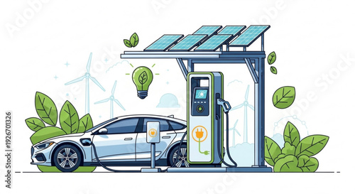 Electric vehicle charging station with solar panels and wind turbines in eco friendly environment