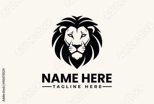 A stylized black lion's head logo with a bold, modern design on a cream background, featuring placeholder text for a name and tagline in a clean, minimalist template.