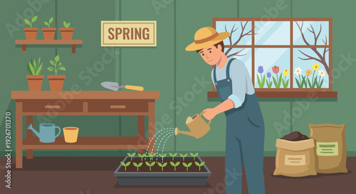 Cheerful person wearing a straw hat waters small green seedlings in a tray, surrounded by potted plants and gardening tools inside a cozy room, with spring flowers visible through the window