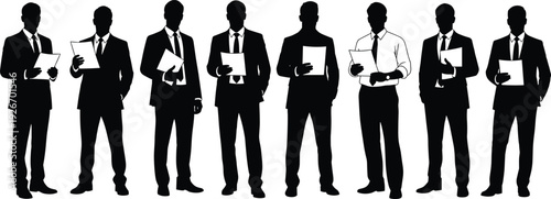 Large collection of professional business men silhouettes in formal suits holding documents and files isolated on a white background flavector