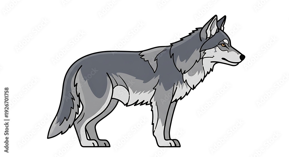 Fototapeta premium Gray Wolf Standing Illustration Side View.