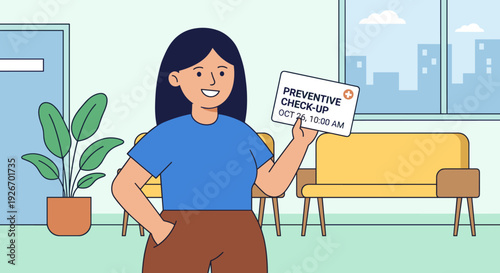 Smiling cartoon woman holding a medical appointment card for a preventive check-up, standing in a bright, modern clinic waiting room with a city view, rendered in a cheerful flat design illustration