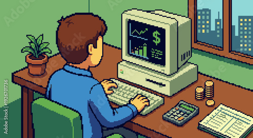 Pixel art man working on a retro computer, displaying financial charts and a dollar sign on its screen, sitting at a desk with a city view outside the window, rendered in a classic 8-bit style