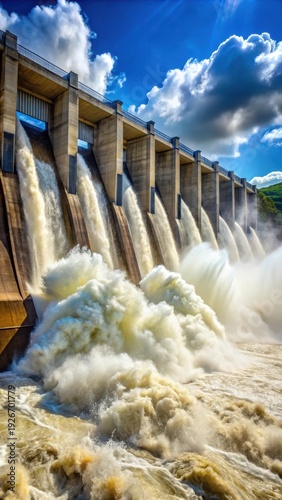 Water rushing out of opened gates of a hydro electric power dam creates a massive amount of foam and bubbles as it cascades down the rocky slope