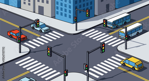 Isometric view of a busy city street intersection with cars, buses, crosswalks, and traffic lights.