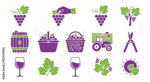 Collection of grape and wine related icons featuring clusters, leaves, harvesting hands, barrels, baskets, tractor, shears, and wine glasses.