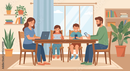 Happy modern family of four people sits around a wooden table, each engrossed in their digital devices, showcasing contemporary screen time habits in a cozy home environment