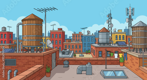 Three prominent water towers stand on a busy city rooftop, surrounded by antennas, solar panels, and drying laundry under a clear blue sky