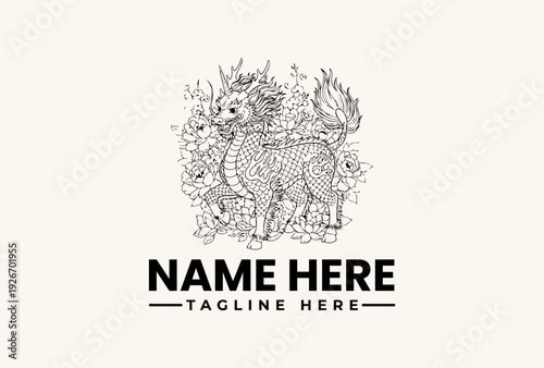 A logo design featuring a stylized animal illustration surrounded by floral elements and foliage on a clean background with space for a name and tagline.