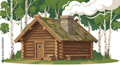 Rustic wooden log cabin with a mossy roof and smoking chimney stands among birch trees on a white background, featuring a stack of firewood and a bench in a charming illustration