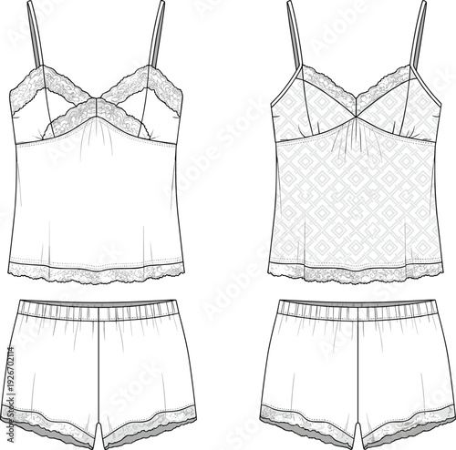 Women's camisole sleepwear set, lace trim nightwear, fashion illustration front and back view, shorts with elastic waistband, textile design drawing
