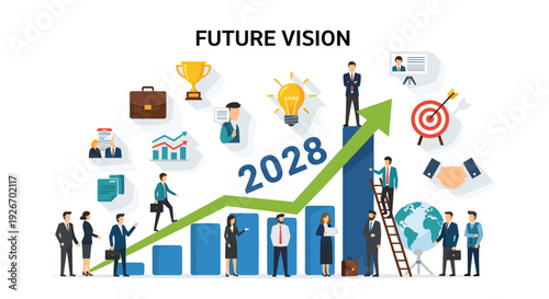 Business professionals working towards future vision and growth, represented by a rising bar chart, trophies, and collaborative interactions.