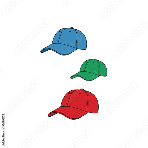 Set of three colorful baseball caps in blue green and red isolated on white background simple fashion accessory illustration