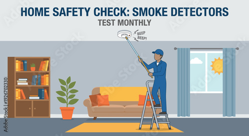 Person in blue overalls stands on a ladder, using a long pole to test a smoke detector on the ceiling of a modern living room, emphasizing home safety
