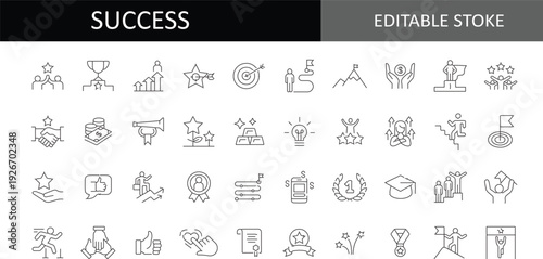 Success and Achievement Line Icon Set: Professional Business Growth, Leadership, Motivation, and Goal Setting Vector Symbols for Infographics and Web Design