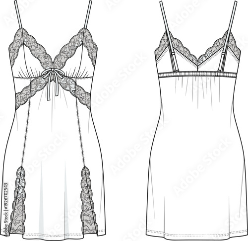 Women's lingerie slip dress, lace trim nightwear, fashion illustration front and back view, garment construction sketch, textile design drawing, apparel
